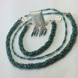 FINAL SALE PRICE Green & Turquoise Hand Woven 3 Pc. Jewelry Set